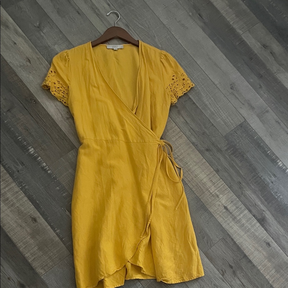 LOFT Mustard Yellow Wrap Mini Dress with Eyelet Sleeves
